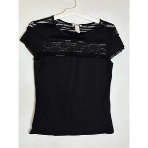 HM Black Lace Yoke Ruffle Short Sleeve Top Size Medium